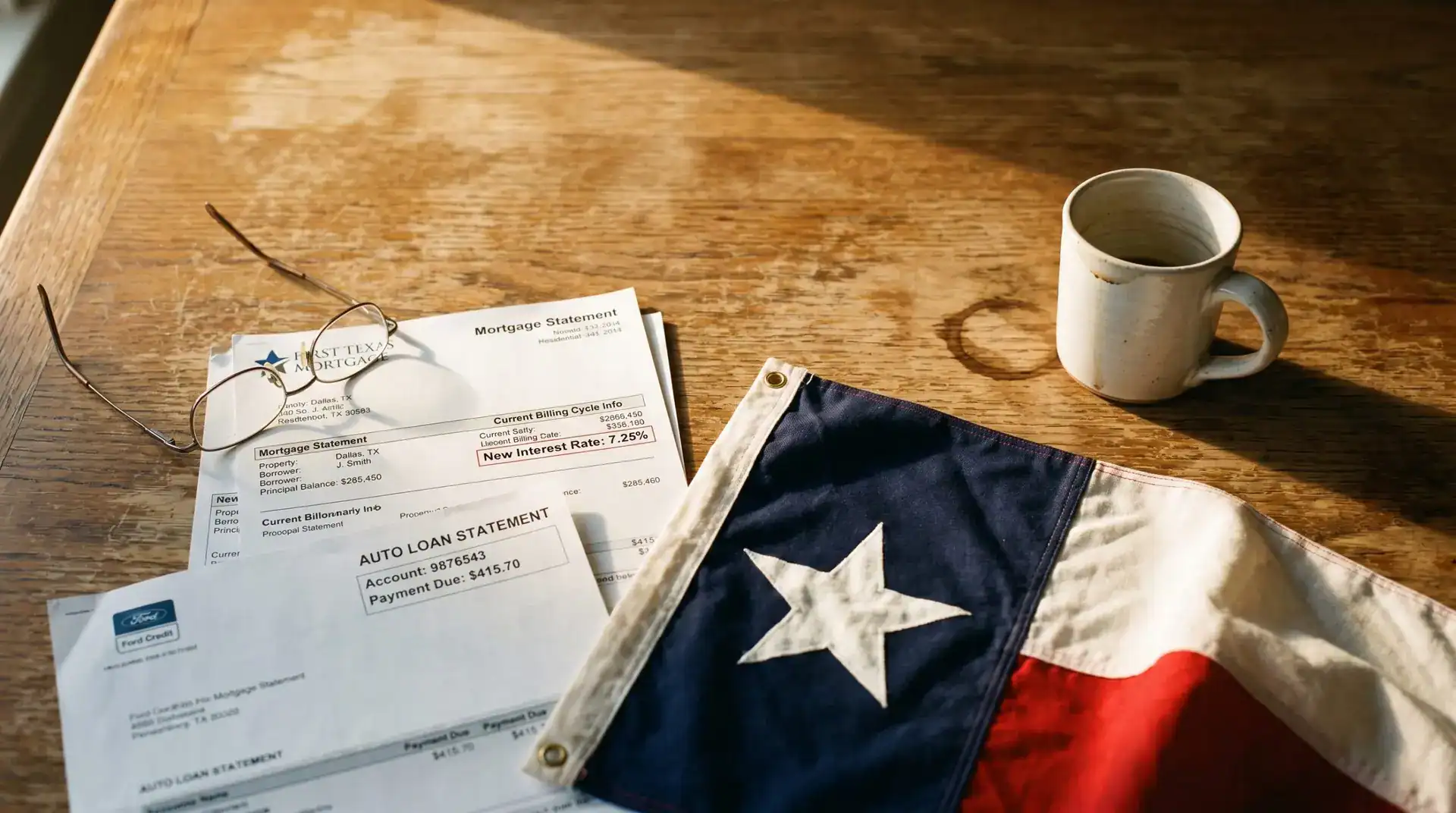 Mortgage and auto loan statements lie beside reading glasses and a coffee mug, with a Texas flag on the wooden table.