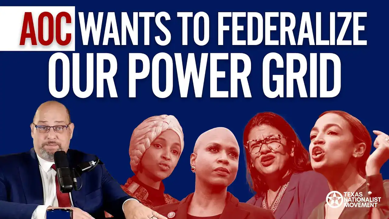 Graphic reading 'AOC Wants to Federalize Our Power Grid' over a host at a microphone and four women.