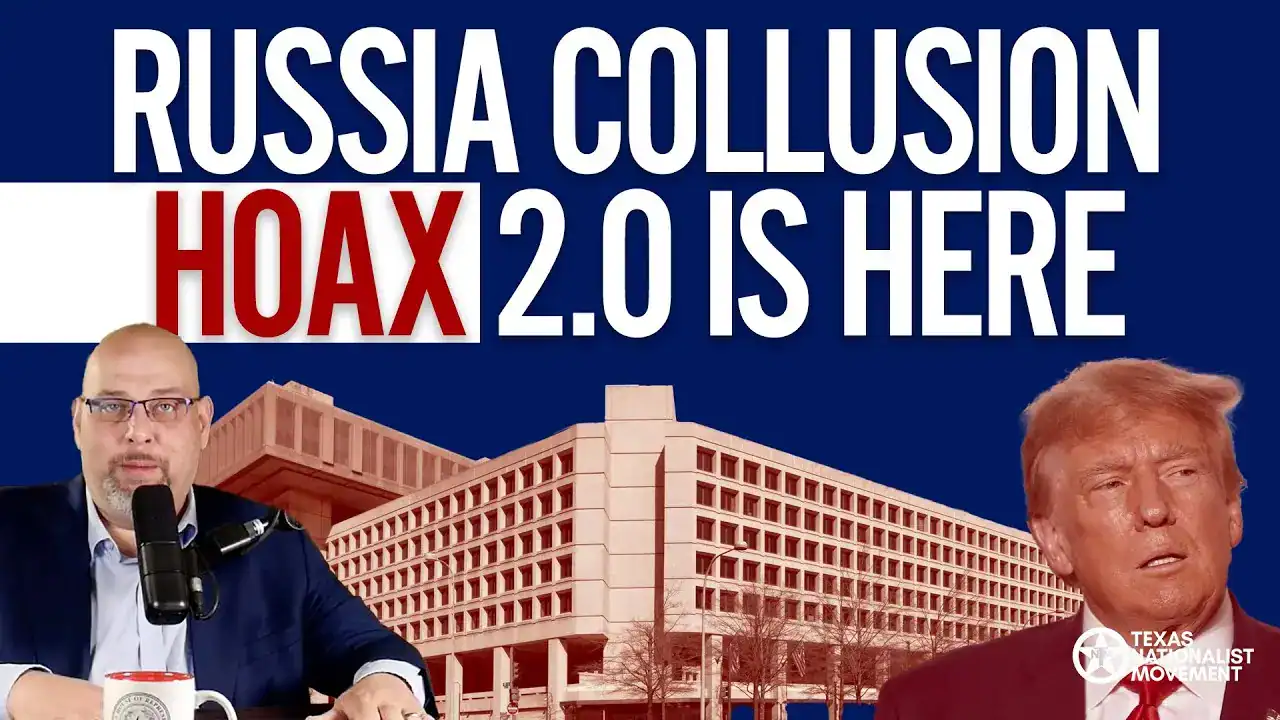 Graphic reading 'Russia Collusion Hoax 2.0 Is Here' over a host at a microphone and a large office building.