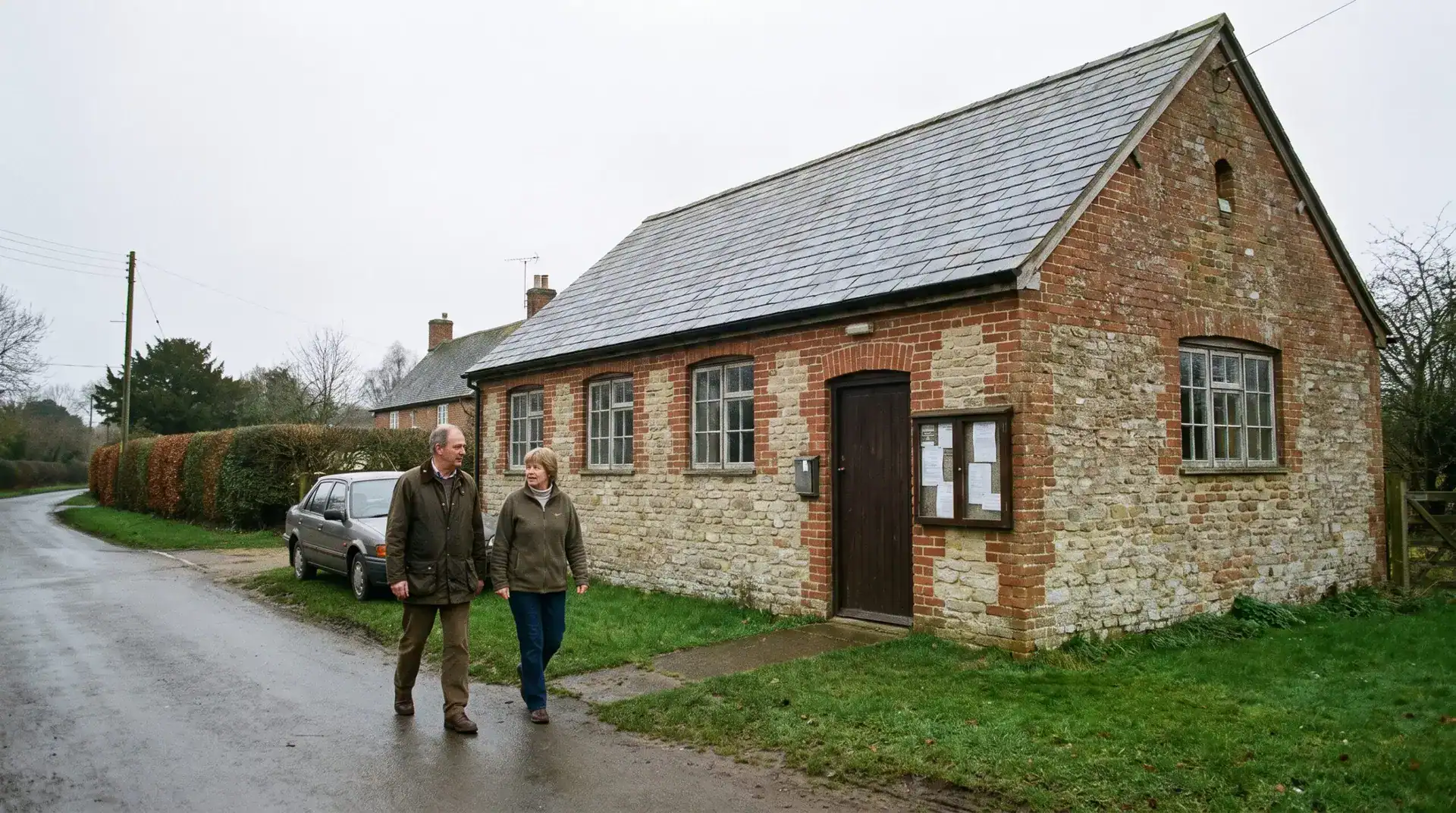 Two people walking past a brick and stone village hall on a wet country lane.