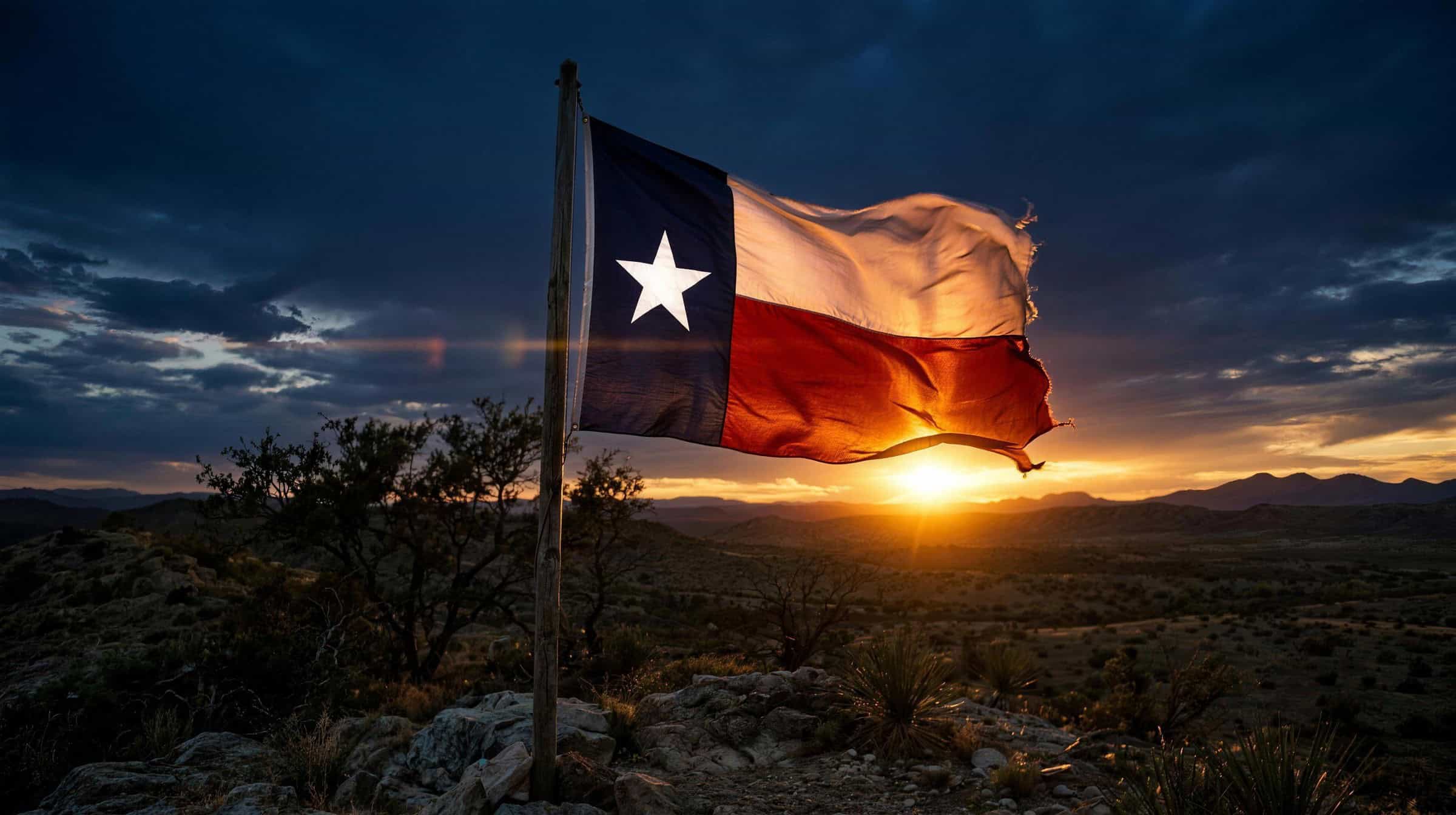 Texas flag flying on a rocky hilltop as the sun sets over desert hills.