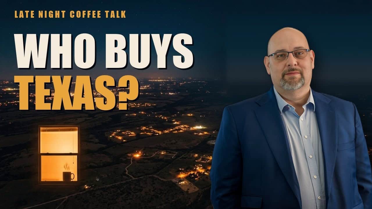 The Late Night Coffee Talk host in a blue blazer beside the words 'Who Buys Texas?' over nighttime town lights.