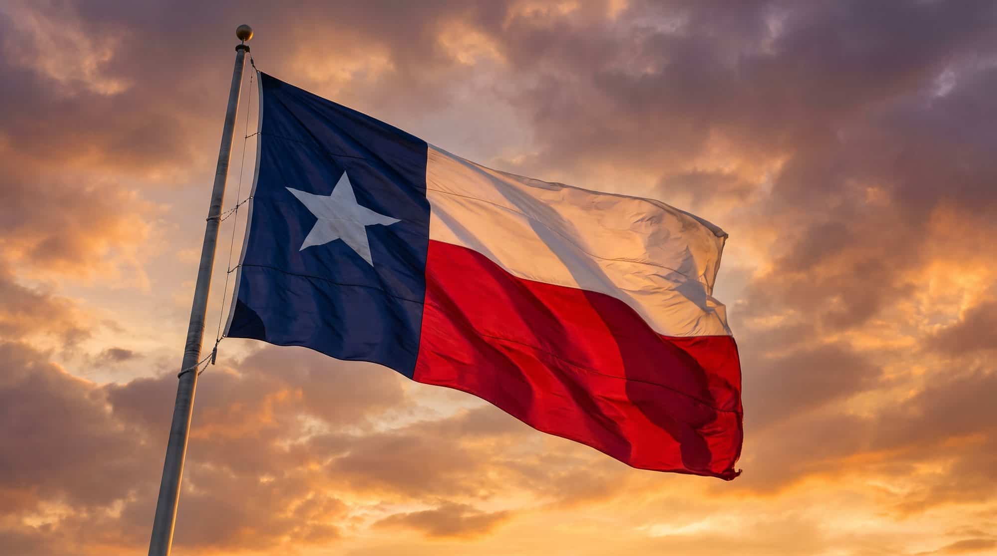 The Texas Lone Star flag waving against a golden sunset sky, the white star prominent on the blue field