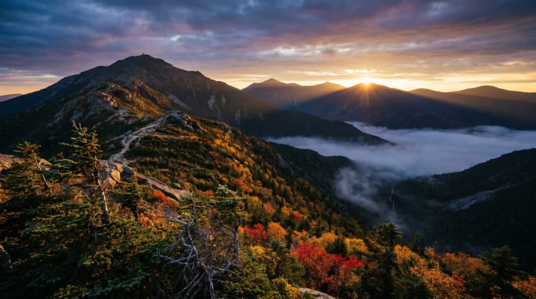 nh-featured The White Mountains of New Hampshire at dawn, rugged granite peaks and autumn foliage under a dramatic sky