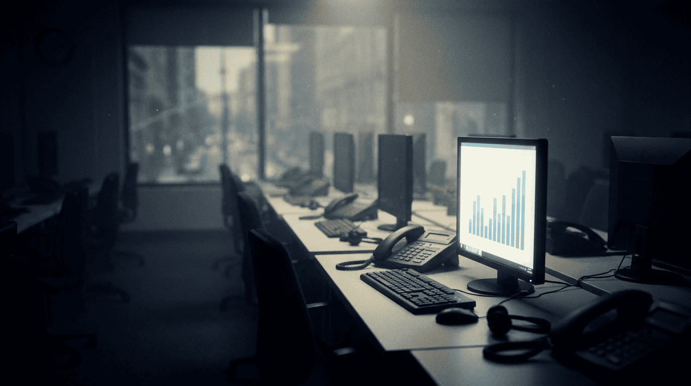 A dim, empty political polling call center at night, one monitor glowing with a bar chart