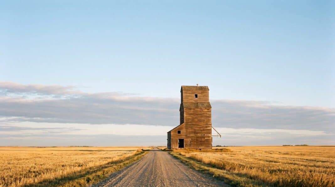 A weathered wooden grain elevator stands alone on the Alberta prairie at sunrise, a gravel road running toward it through golden fields.
