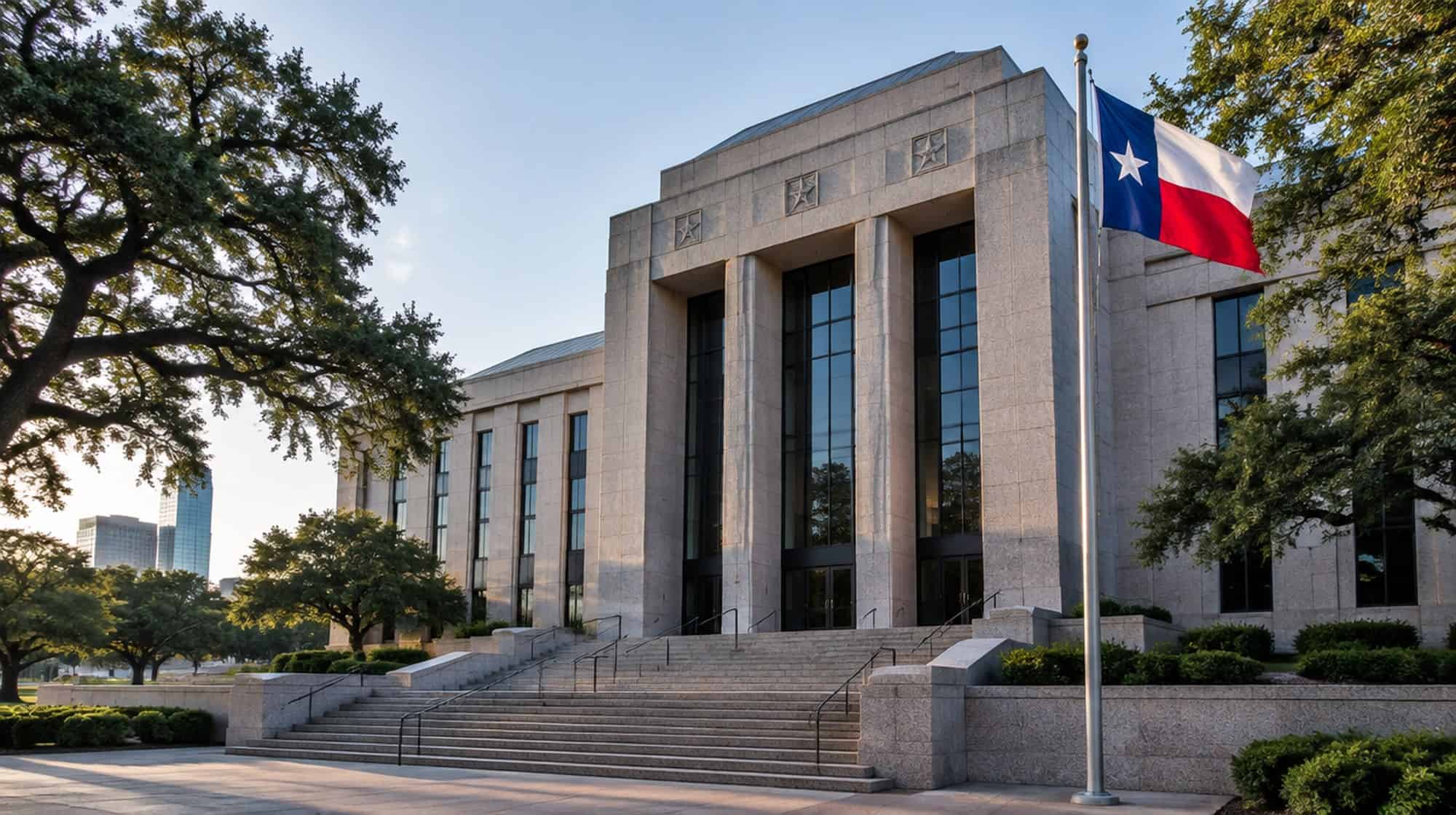 A granite courthouse with a Texas flag flying in front on a clear morning.