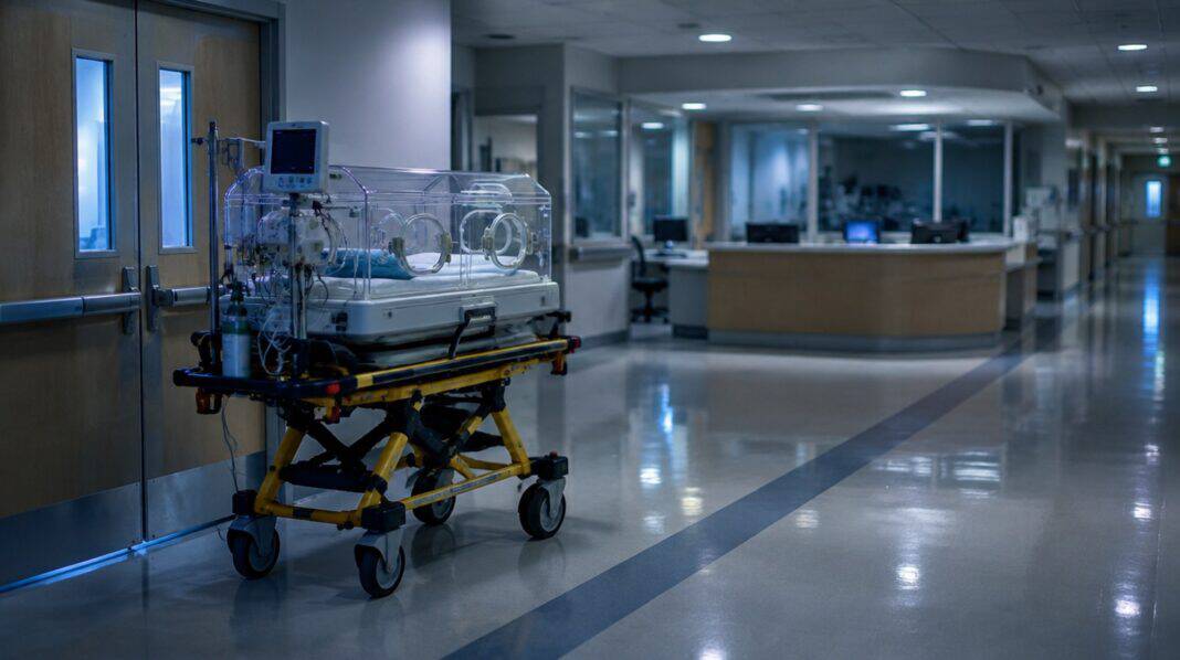 A neonatal transport incubator parked in a quiet hospital corridor at night.
