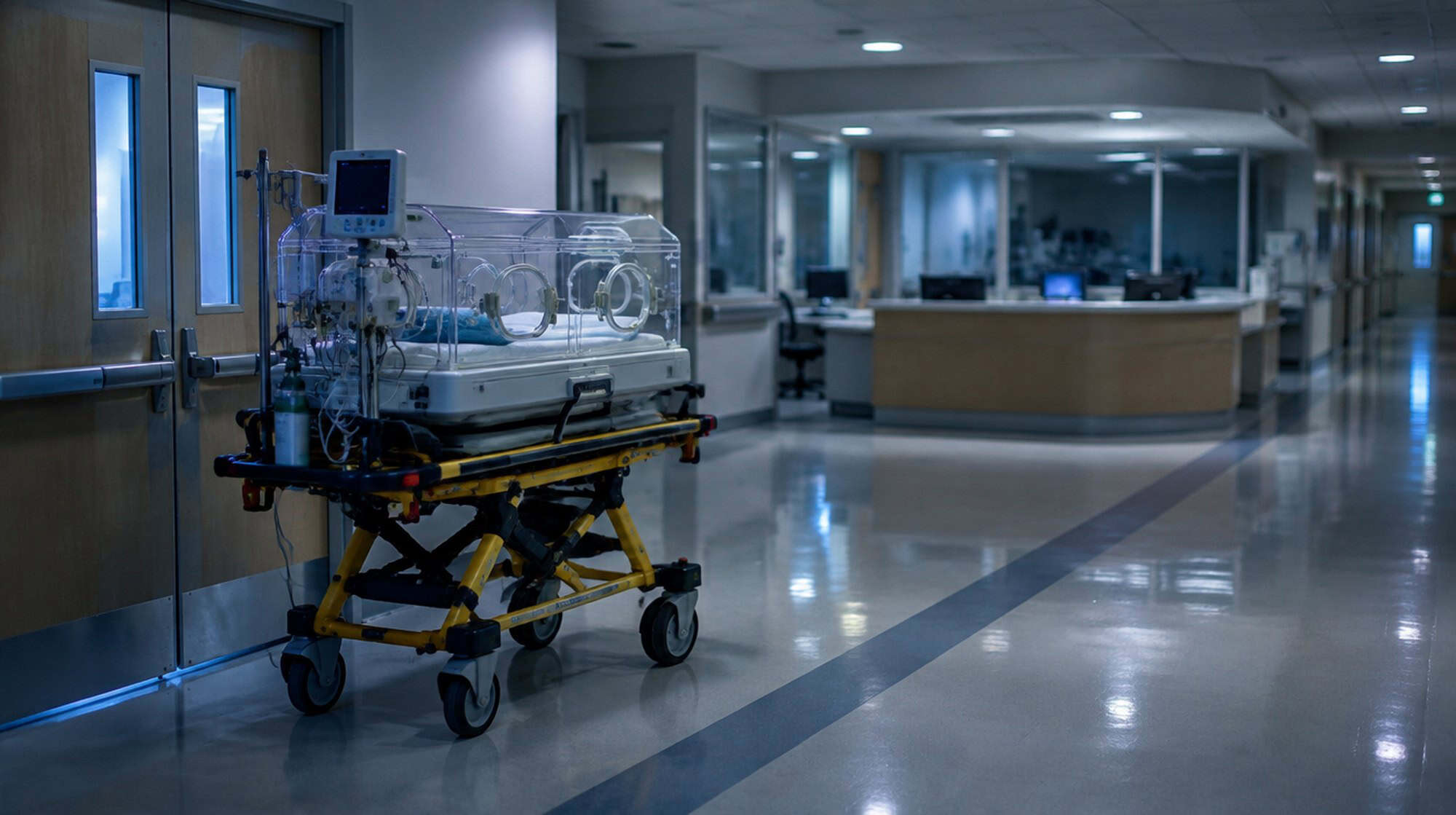 A neonatal transport incubator parked in a quiet hospital corridor at night.
