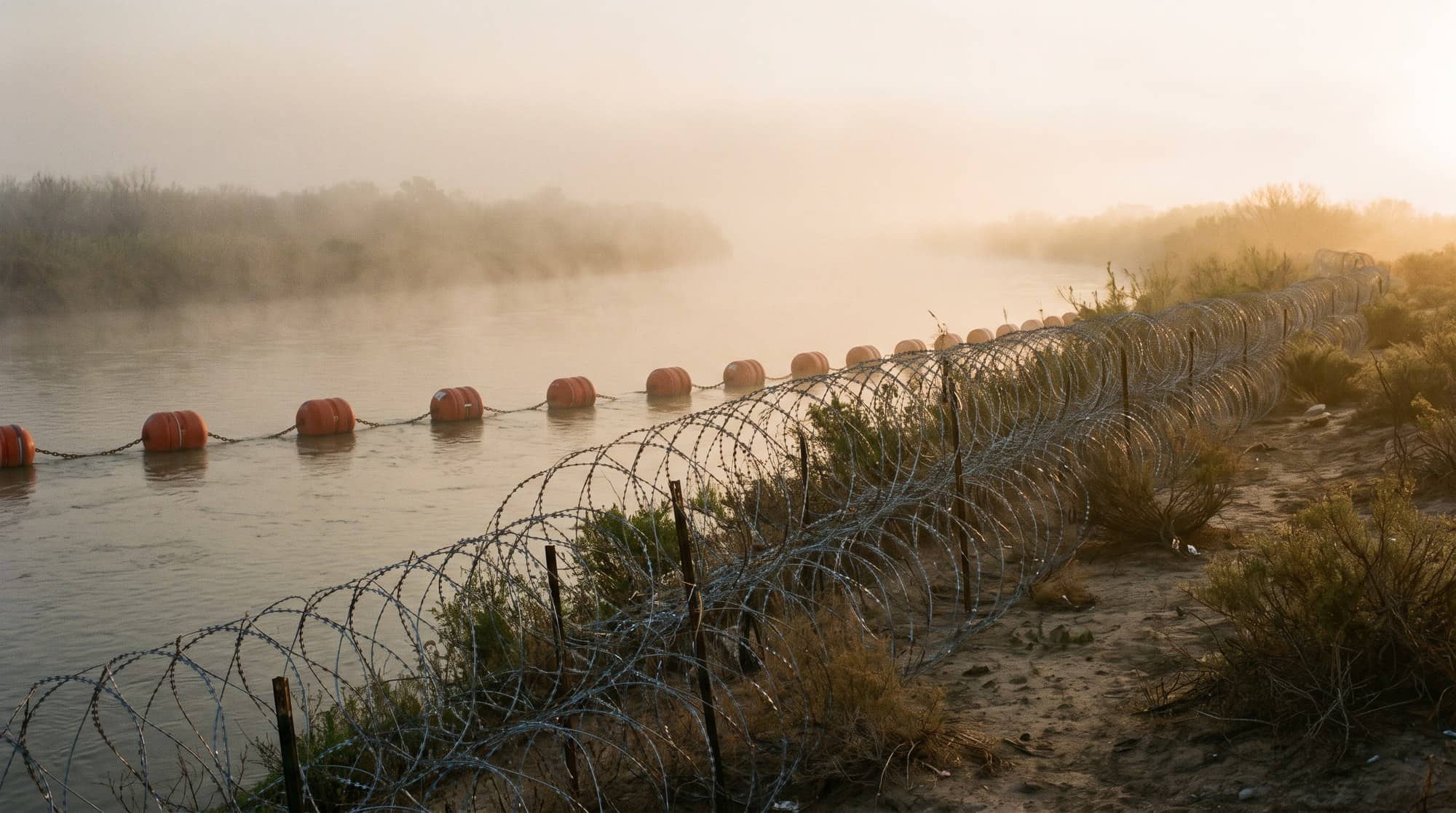 Concertina wire and a line of orange buoys along the Rio Grande at dawn, mist rising off the water.