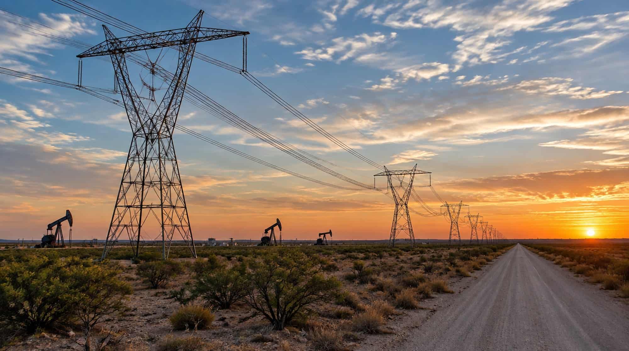 High-voltage transmission towers crossing Permian Basin scrubland with pump jacks at sunset.