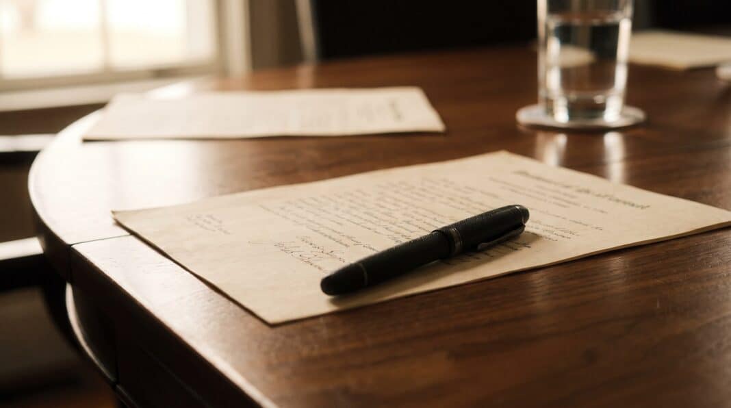 A pen resting on a signed document on a polished wooden table.