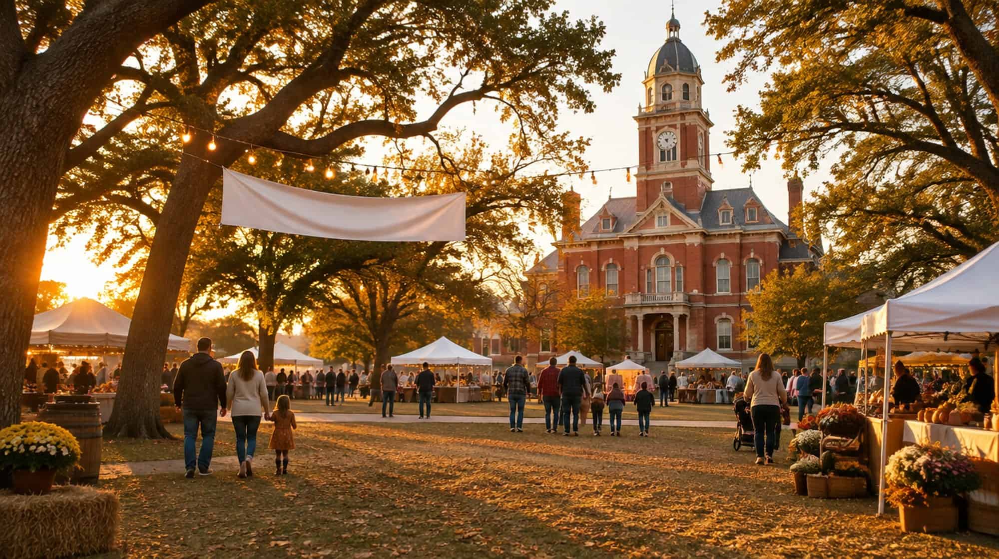 A small-town Texas festival on a courthouse square at golden hour, with vendor tents and string lights under live oaks.