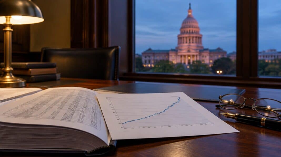cbo-hf A budget document and a rising line chart on a desk under a lamp, with the Texas Capitol dome visible through the window at dusk.