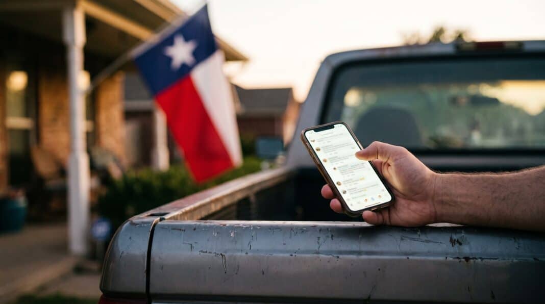 A hand holds a phone showing a long comment thread over a pickup tailgate at dusk, a Texas flag flying from a porch behind it.