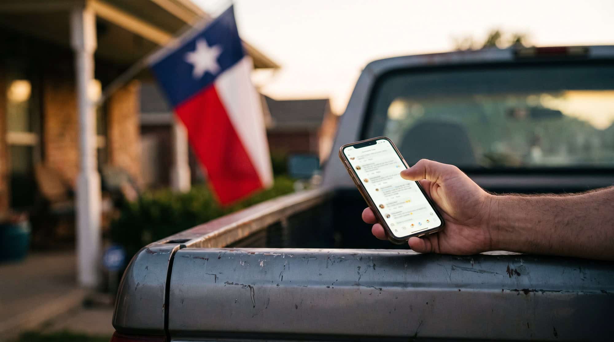 A hand holds a phone showing a long comment thread over a pickup tailgate at dusk, a Texas flag flying from a porch behind it.