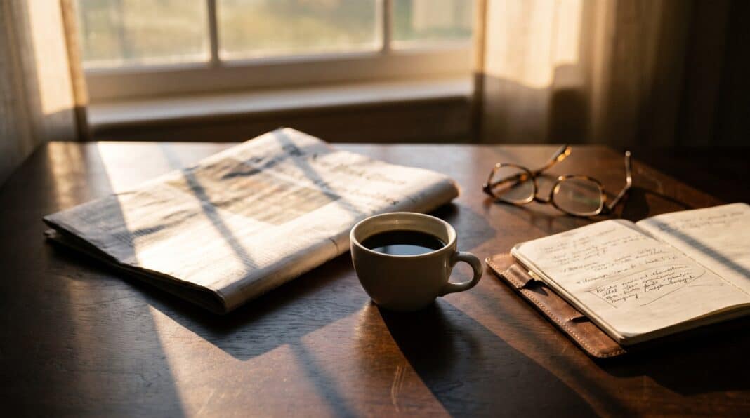 daily-briefing-featured A folded newspaper, a cup of black coffee, reading glasses and an open notebook on a wooden desk in early morning window light.