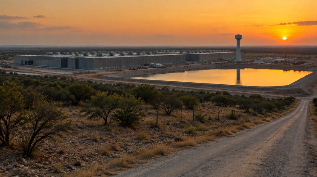 dc2-hf A sprawling data center campus with rooftop cooling units, a water tower and a retention pond on dry Texas brushland at sunset.