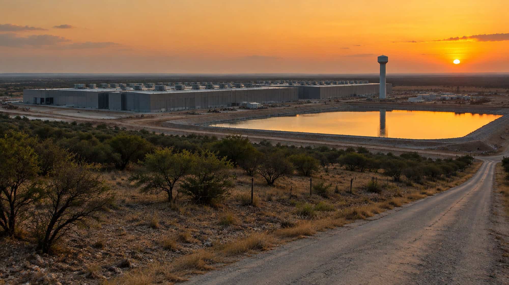 A sprawling data center campus with rooftop cooling units, a water tower and a retention pond on dry Texas brushland at sunset.