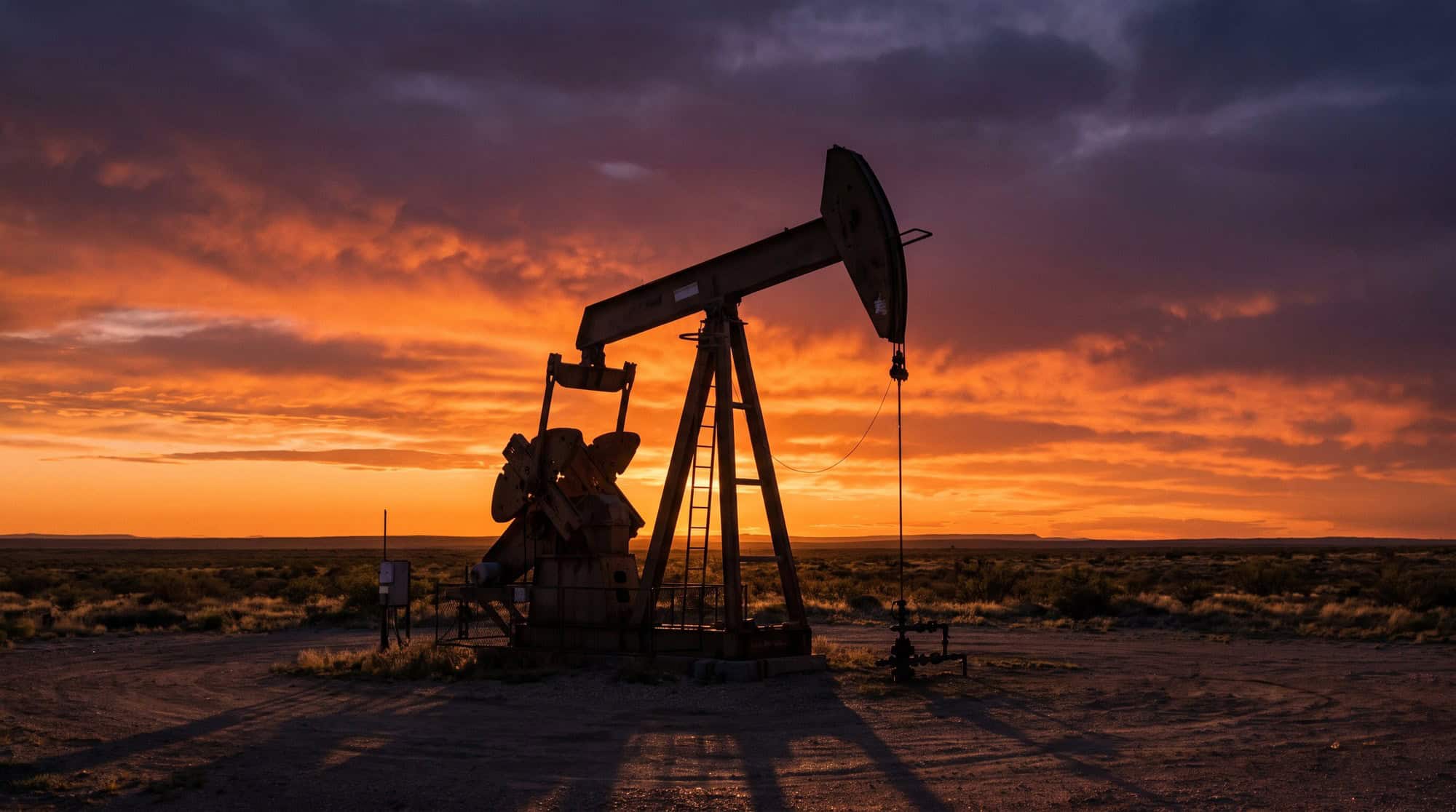 A pumpjack silhouetted against an orange West Texas sunset on the open plain.