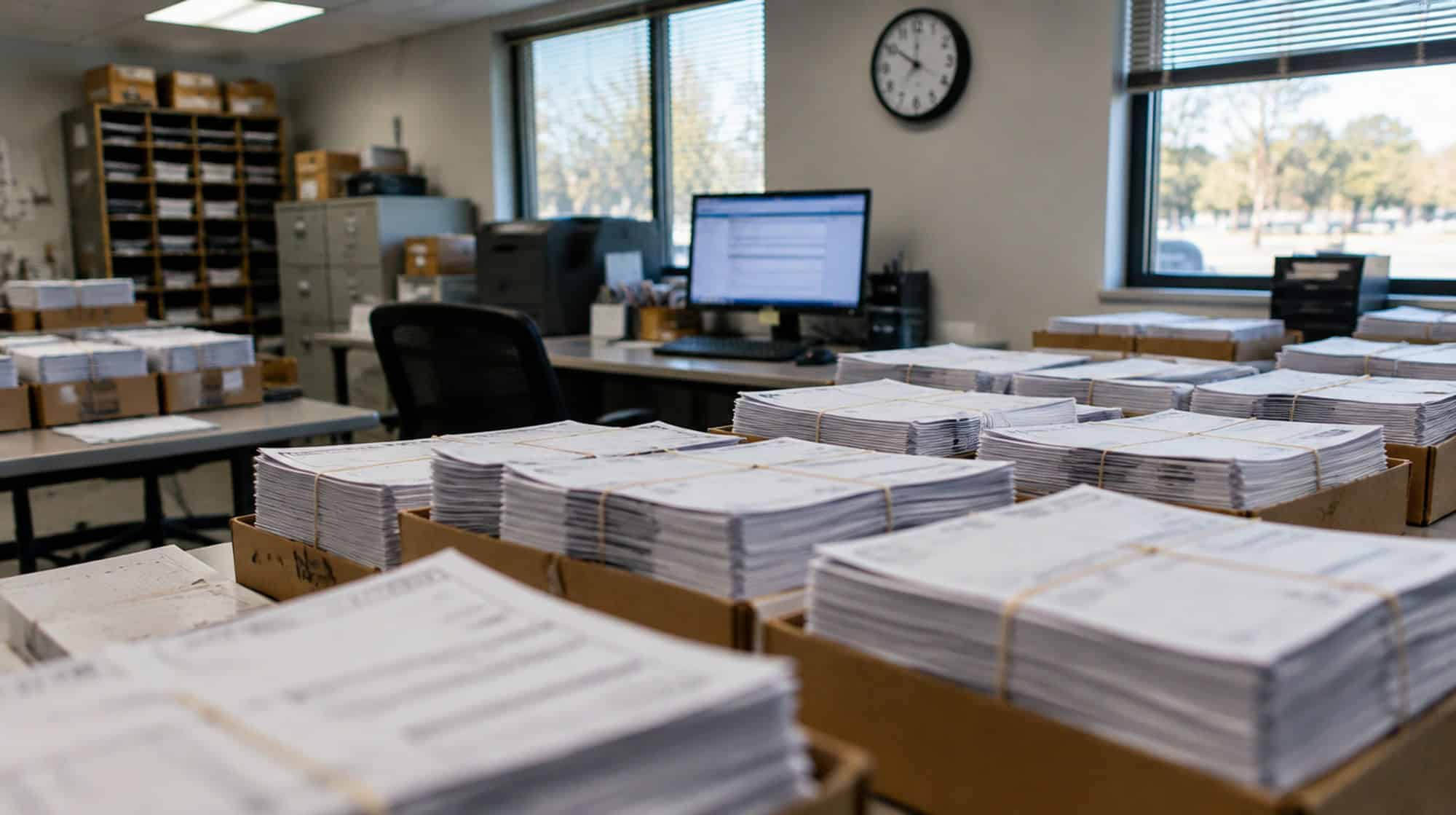 Stacks of paper forms in trays on the tables of a county elections office workroom.