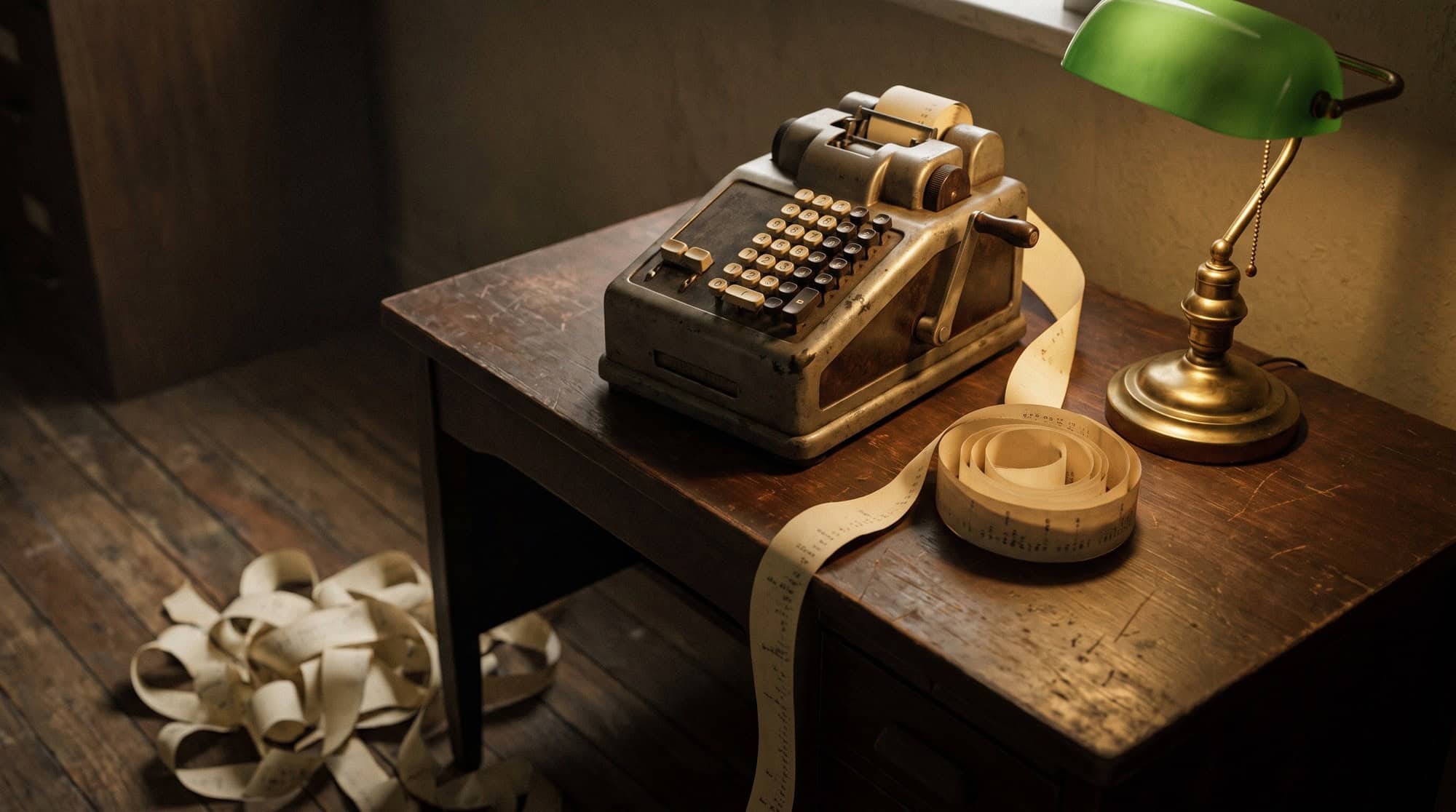 A vintage adding machine on a wooden desk under a green banker’s lamp, its paper tape spilling onto the floor.