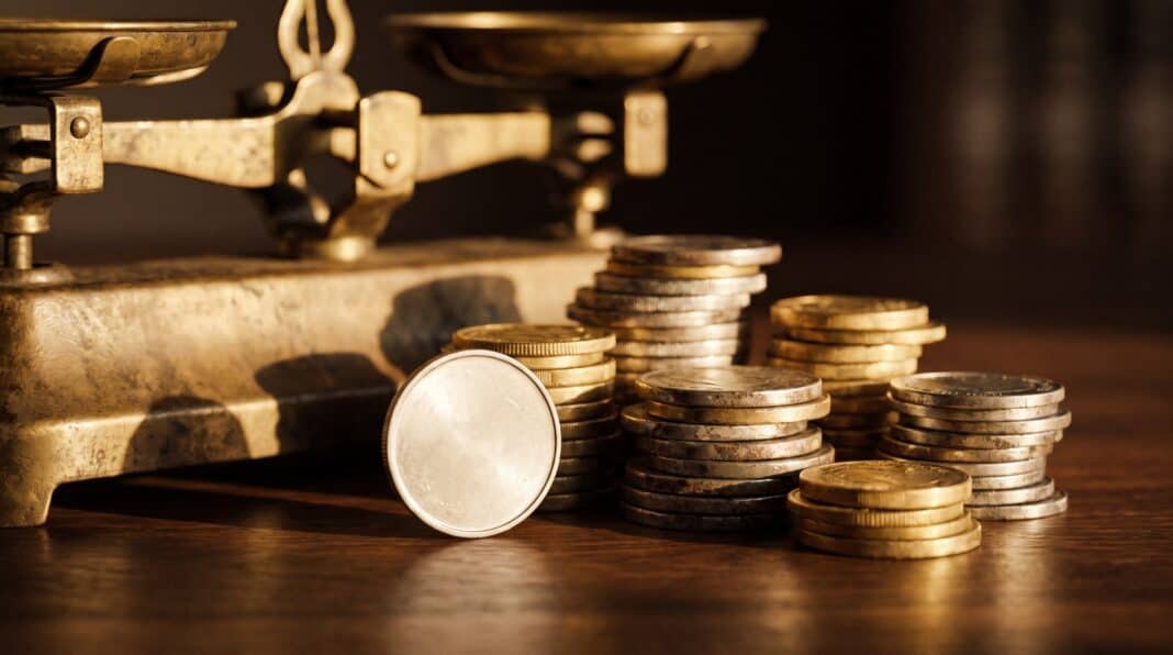 gold-reval-featured Stacks of gold and silver coins beside an antique brass balance scale on a dark wooden desk.