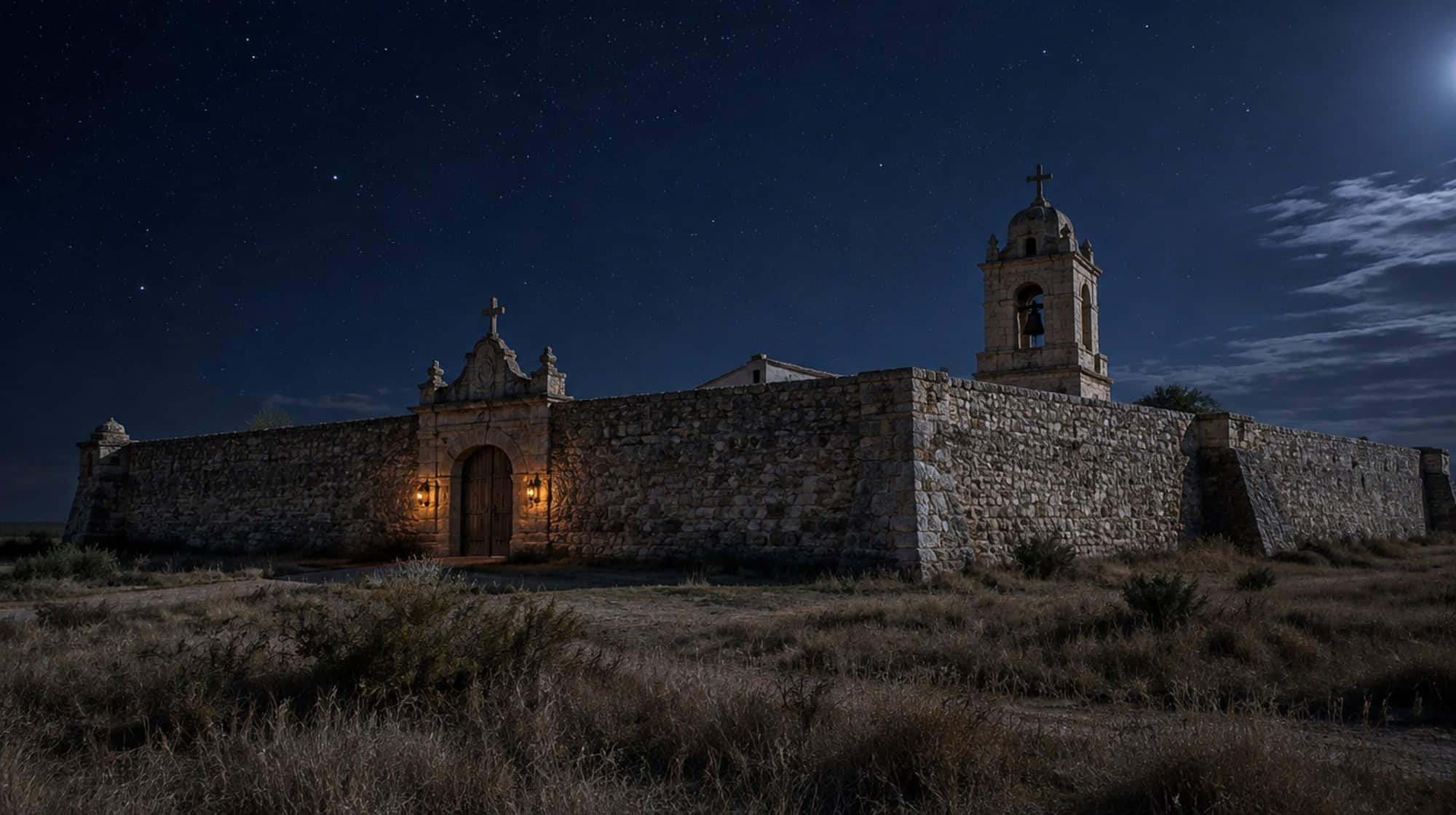 The stone walls and bell tower of a Spanish colonial presidio under a starry night sky.