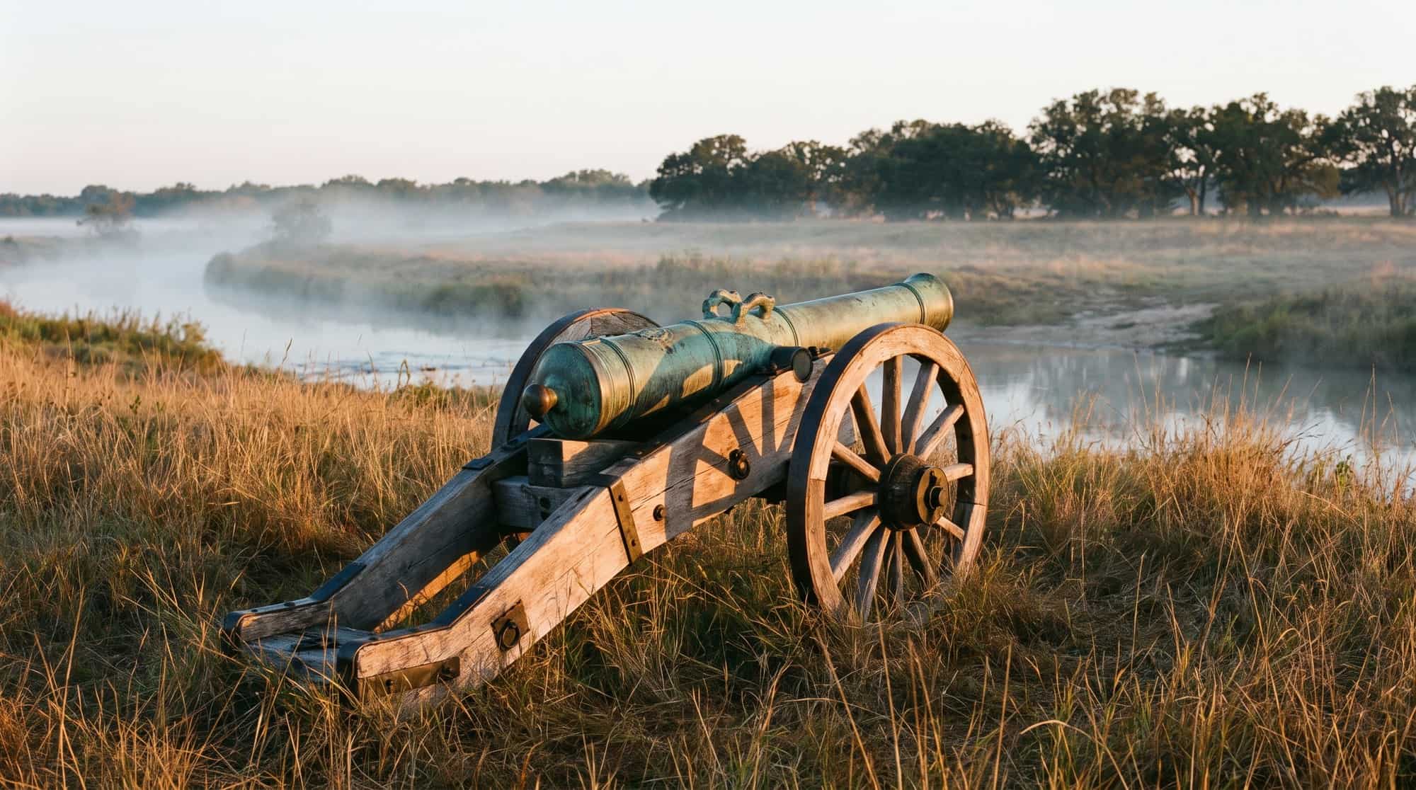 A Spanish colonial bronze cannon on a wooden field carriage in tall grass beside a misty river at dawn.