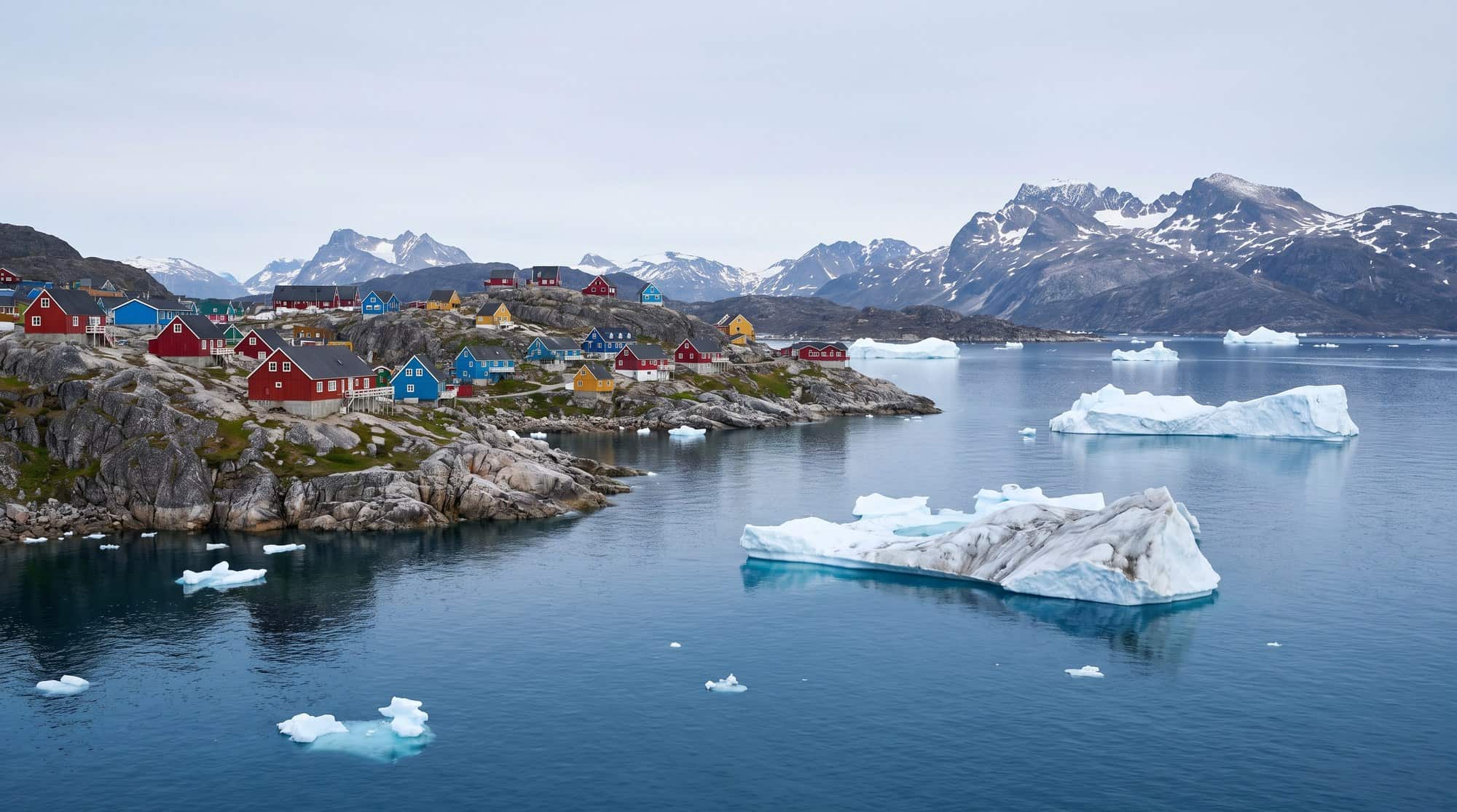 Colorful wooden houses on rocky hills above a Greenland fjord dotted with icebergs, snow-covered mountains behind.