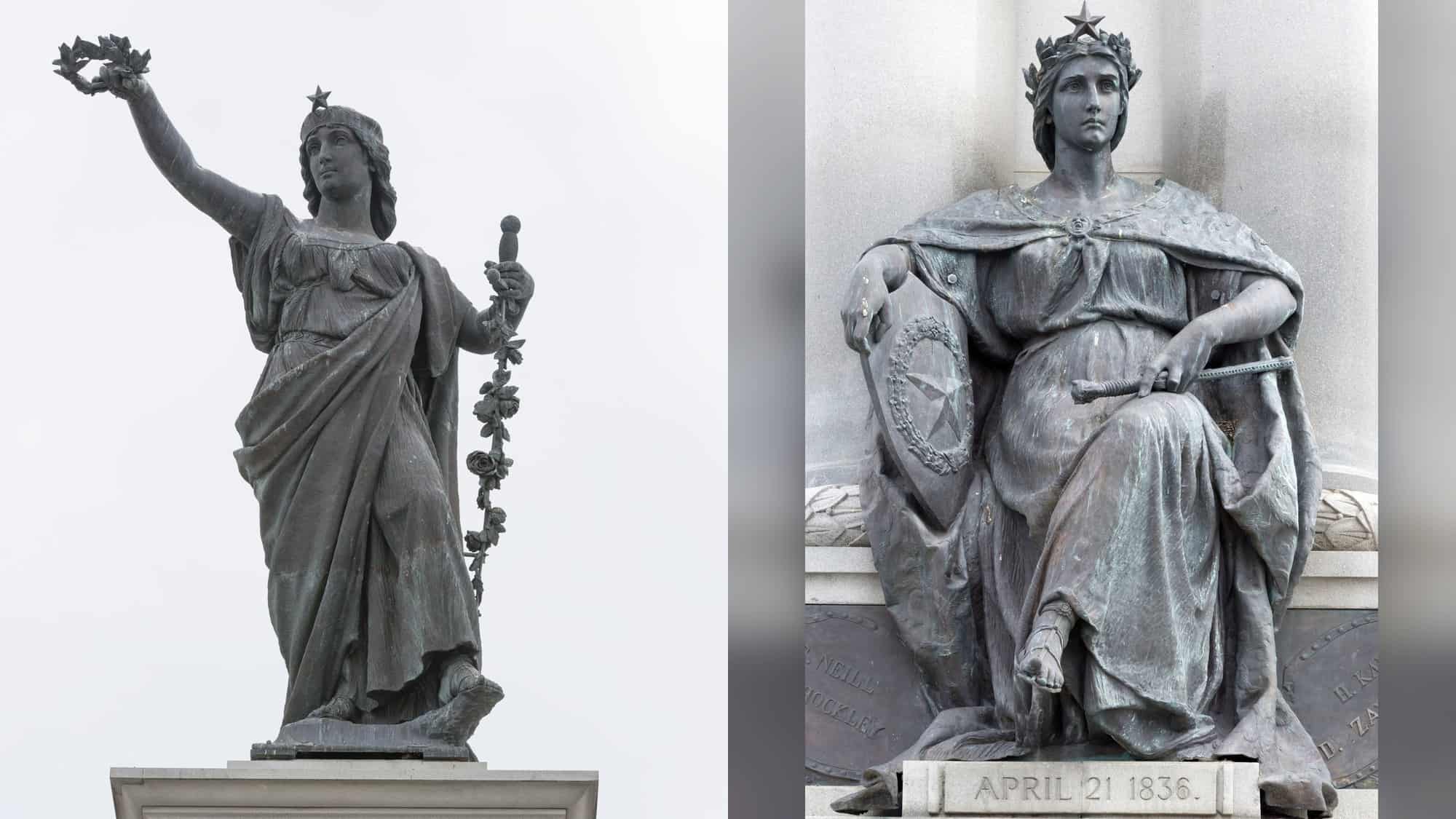 Two bronze figures from the Texas Heroes Monument in Galveston: Victory holding a laurel wreath aloft, and a seated figure with a Lone Star shield above the inscription April 21 1836.