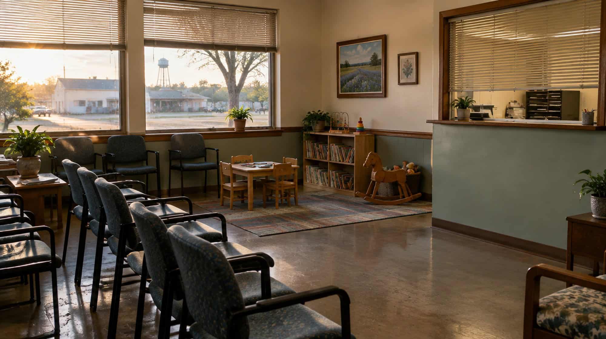 An empty waiting room in a small-town family health clinic, with a children's corner and afternoon light.