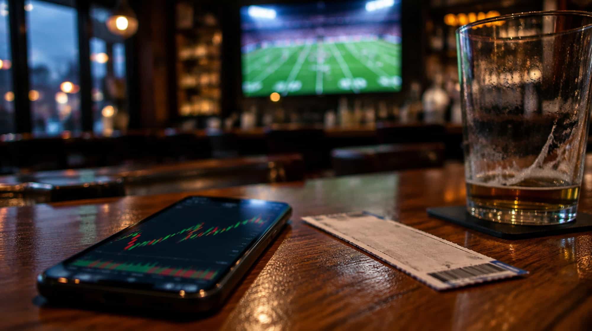 A phone showing a trading chart on a bar counter beside a ticket stub, with a football game on a screen in the background.
