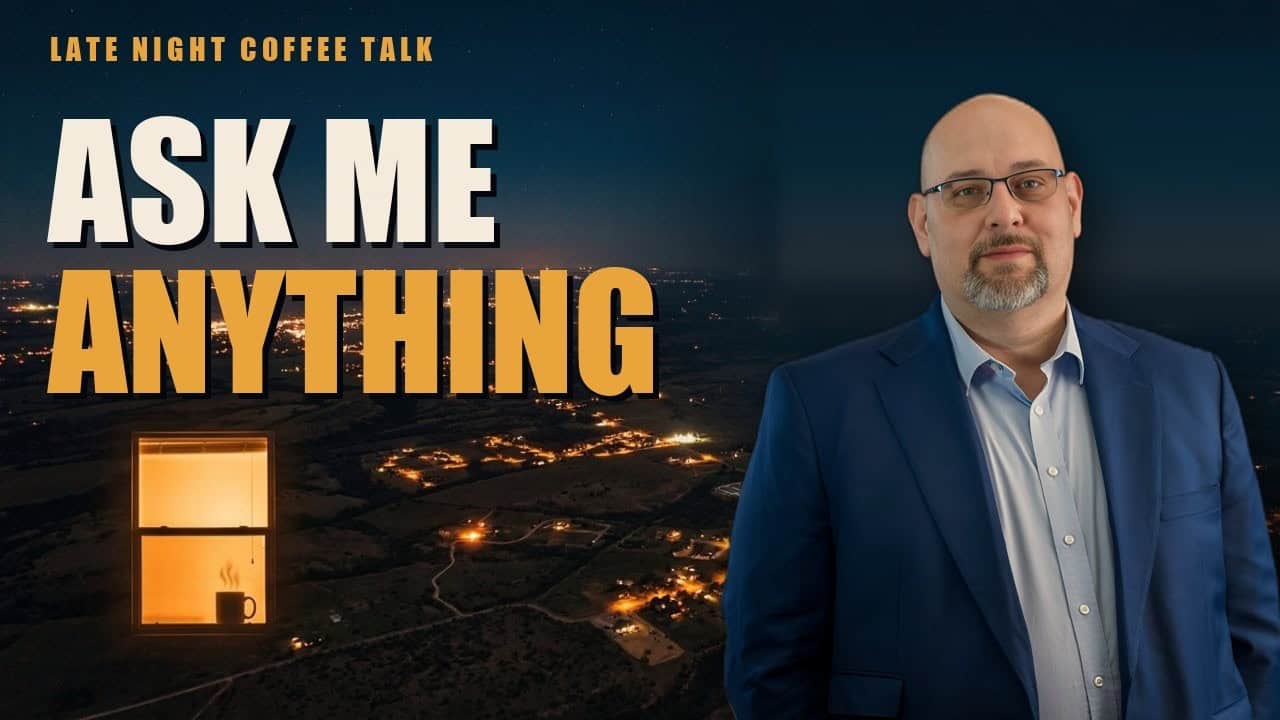 The Late Night Coffee Talk host in a blue blazer beside the words 'Ask Me Anything' over a nighttime town.