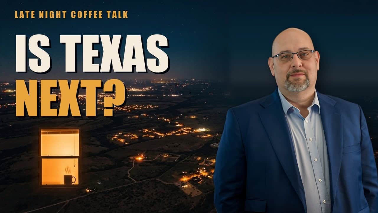 Late Night Coffee Talk thumbnail with Daniel Miller and the words 'Is Texas Next?' over a nighttime landscape.