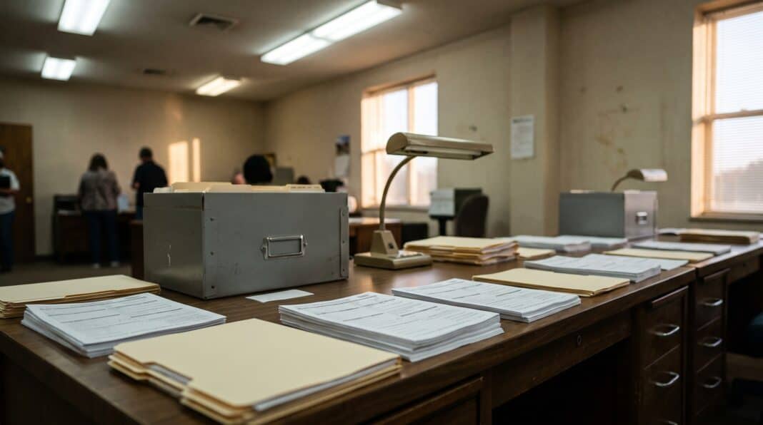 Stacks of paper voter registration forms and manila folders beside a gray metal records box on a long table in a county elections office.