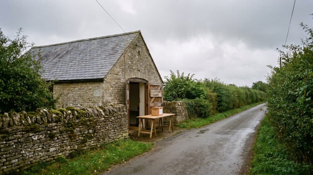 piddington-featured A small stone village hall beside a country lane in rural England, with a ballot box on a table by the open door.