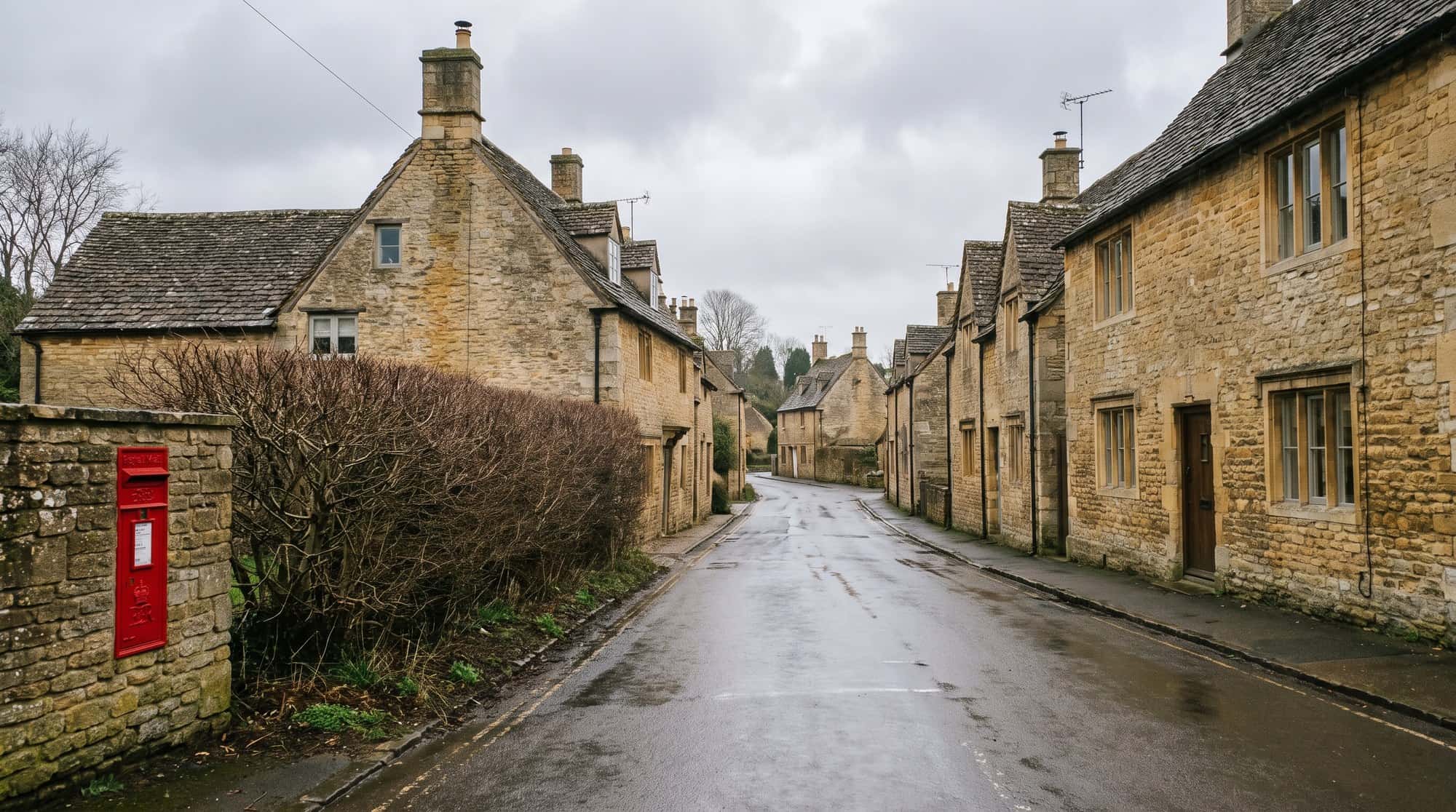A narrow lane between stone cottages in an English village under low grey cloud.