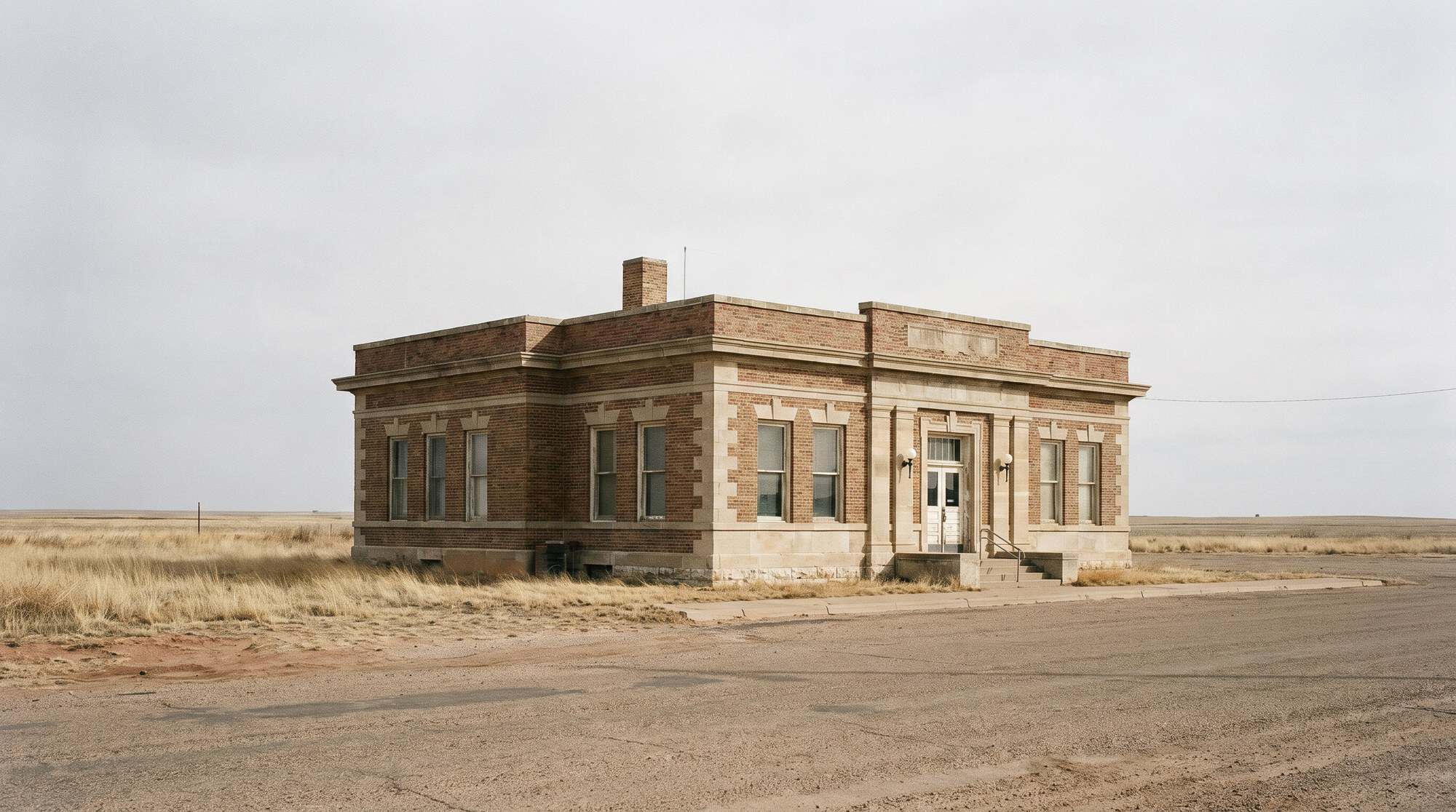 A small civic building on an empty street under flat Panhandle light.