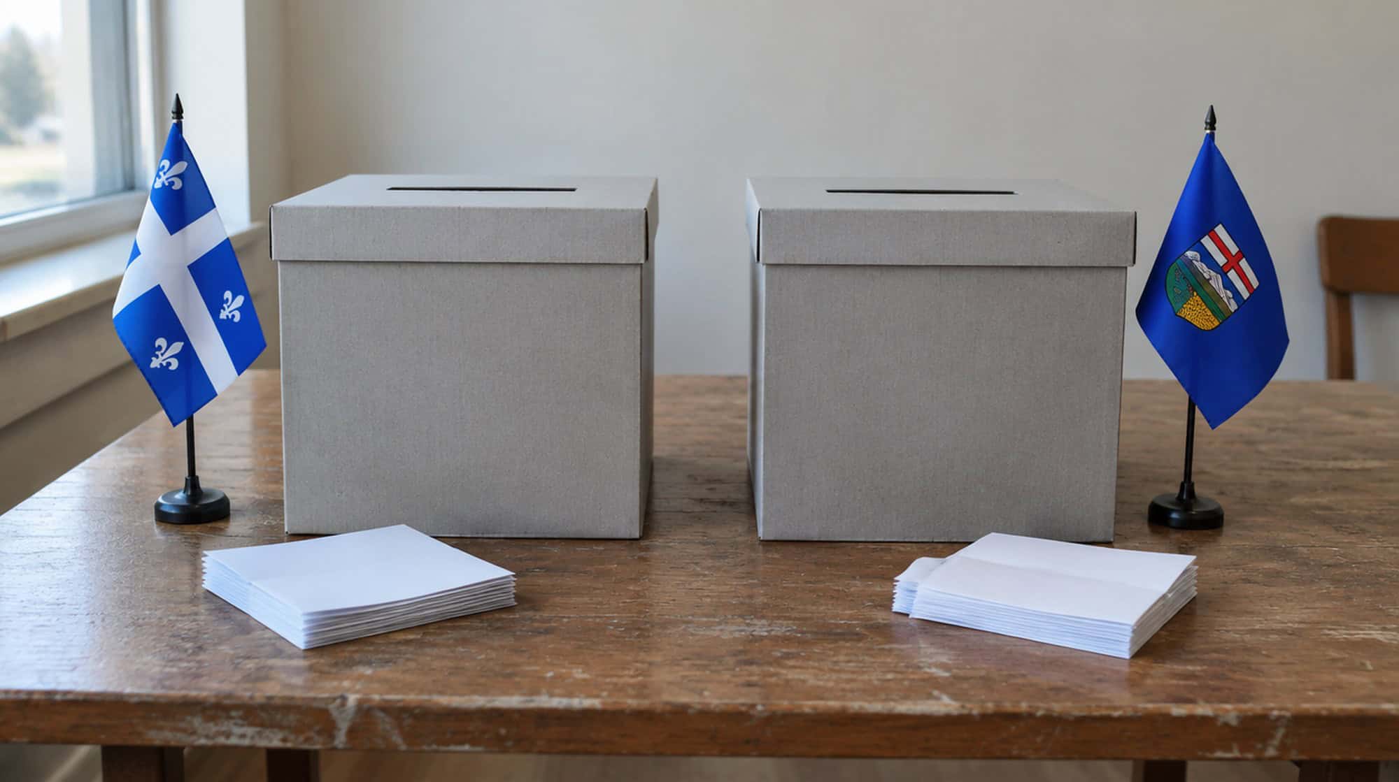 Two ballot boxes on a wooden table, one beside a Quebec flag and one beside an Alberta flag.