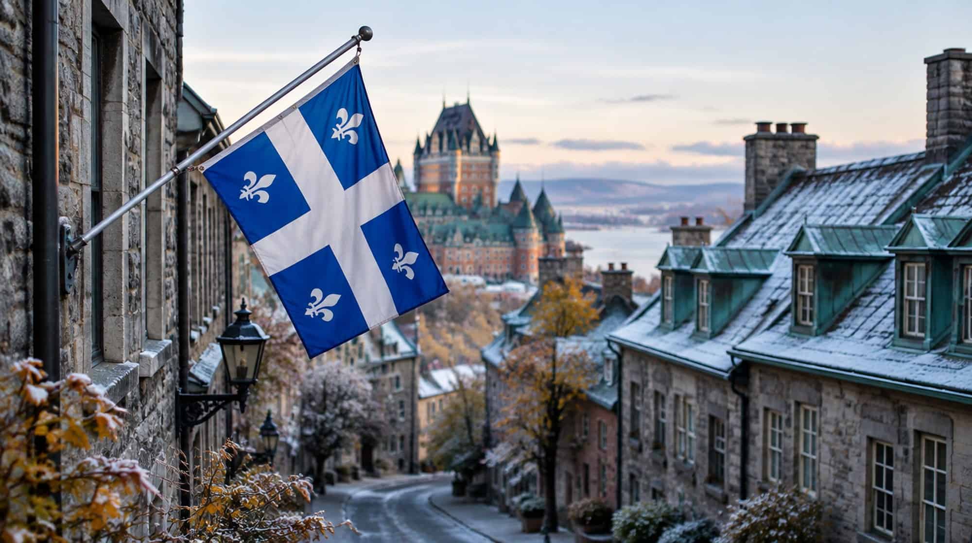 The Quebec flag hangs over a frosted old Quebec City street, with the Chateau Frontenac beyond.