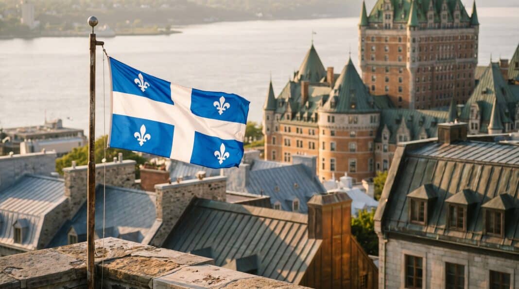 The Quebec flag flying above the rooftops of Old Quebec City, with the Château Frontenac and the St. Lawrence River behind it.