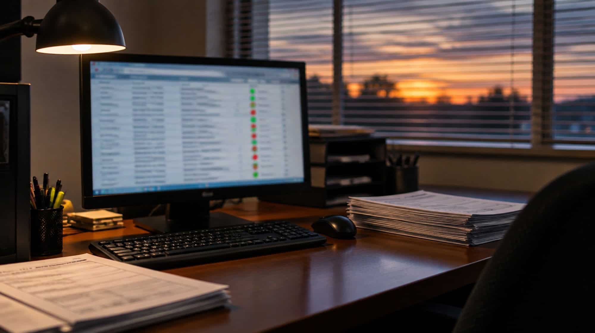 A computer screen of database records beside stacks of paper forms on a desk in a voter registrar's office at dusk.
