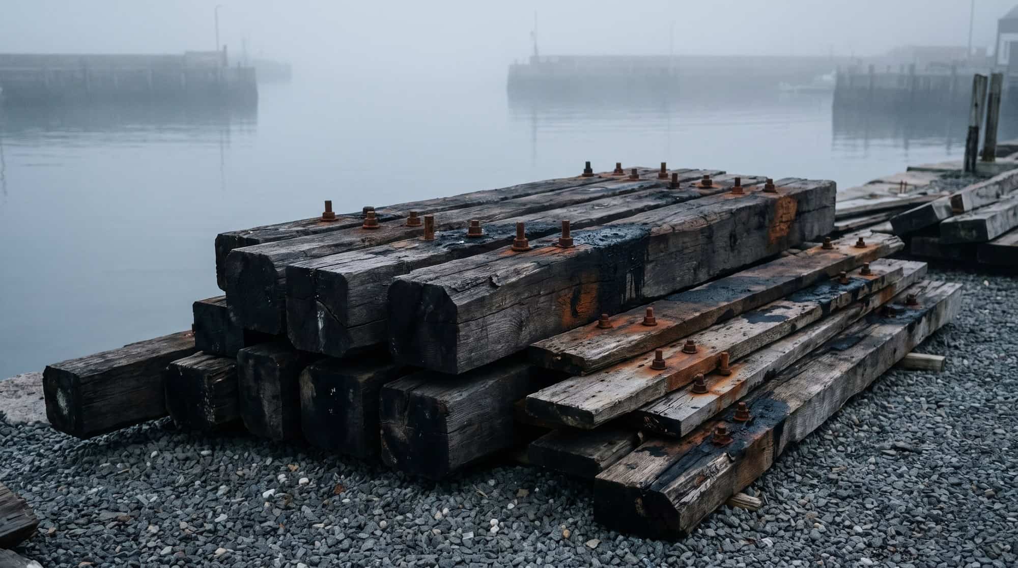 Weathered oak ship timbers stacked on a gravel shore at dawn beside a calm gray harbor.