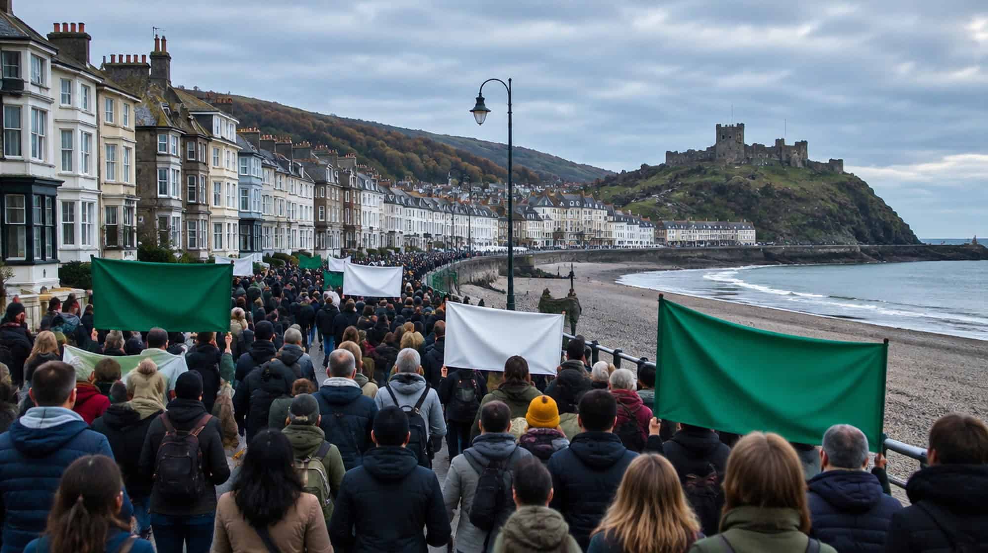 A crowd with green and white banners marching along a seafront promenade toward a castle on a headland.