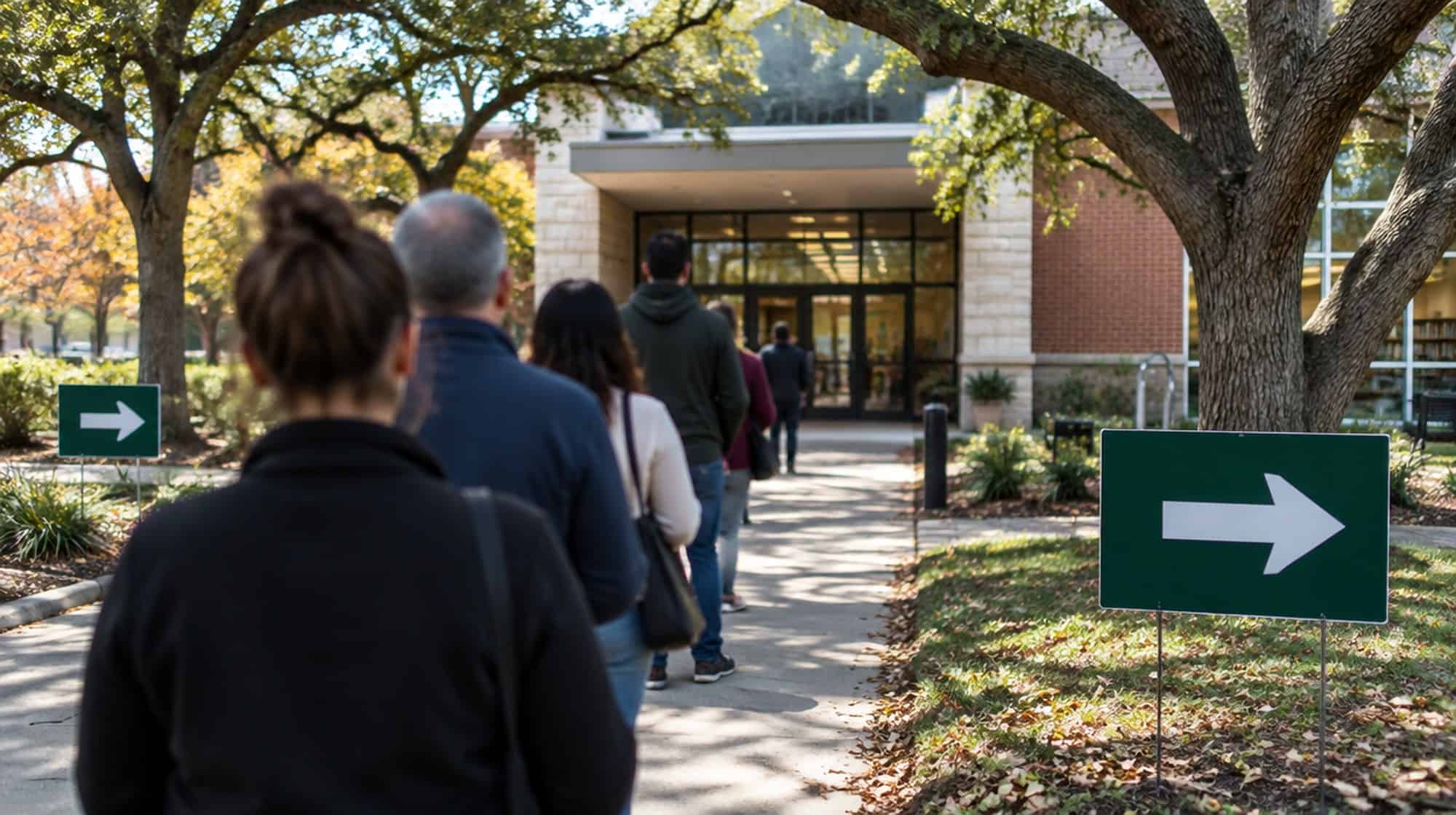 Voters seen from behind walking toward a library entrance used as an early voting site, with plain green arrow signs and live oaks.
