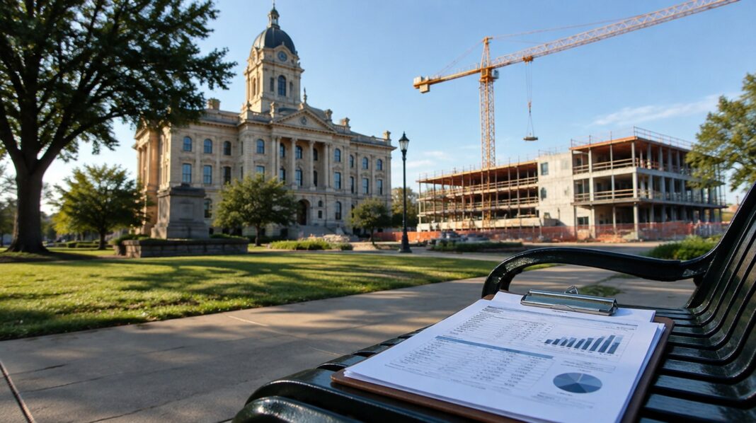 A Texas county courthouse on a sunny morning with a new building under construction behind it and a clipboard of figures on a bench.