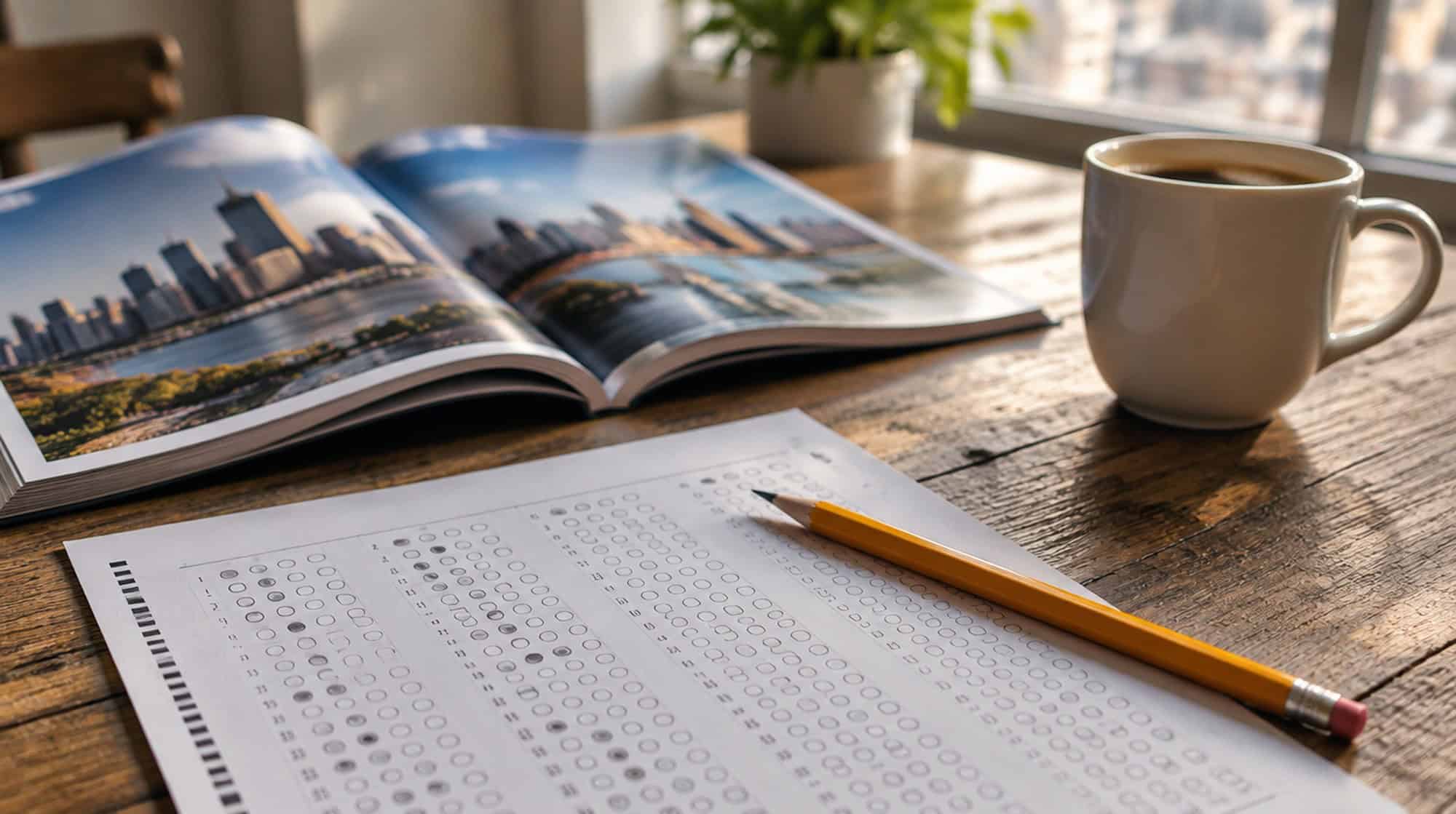 A bubble answer sheet and a yellow pencil beside an open magazine and a cup of coffee on a wooden table.