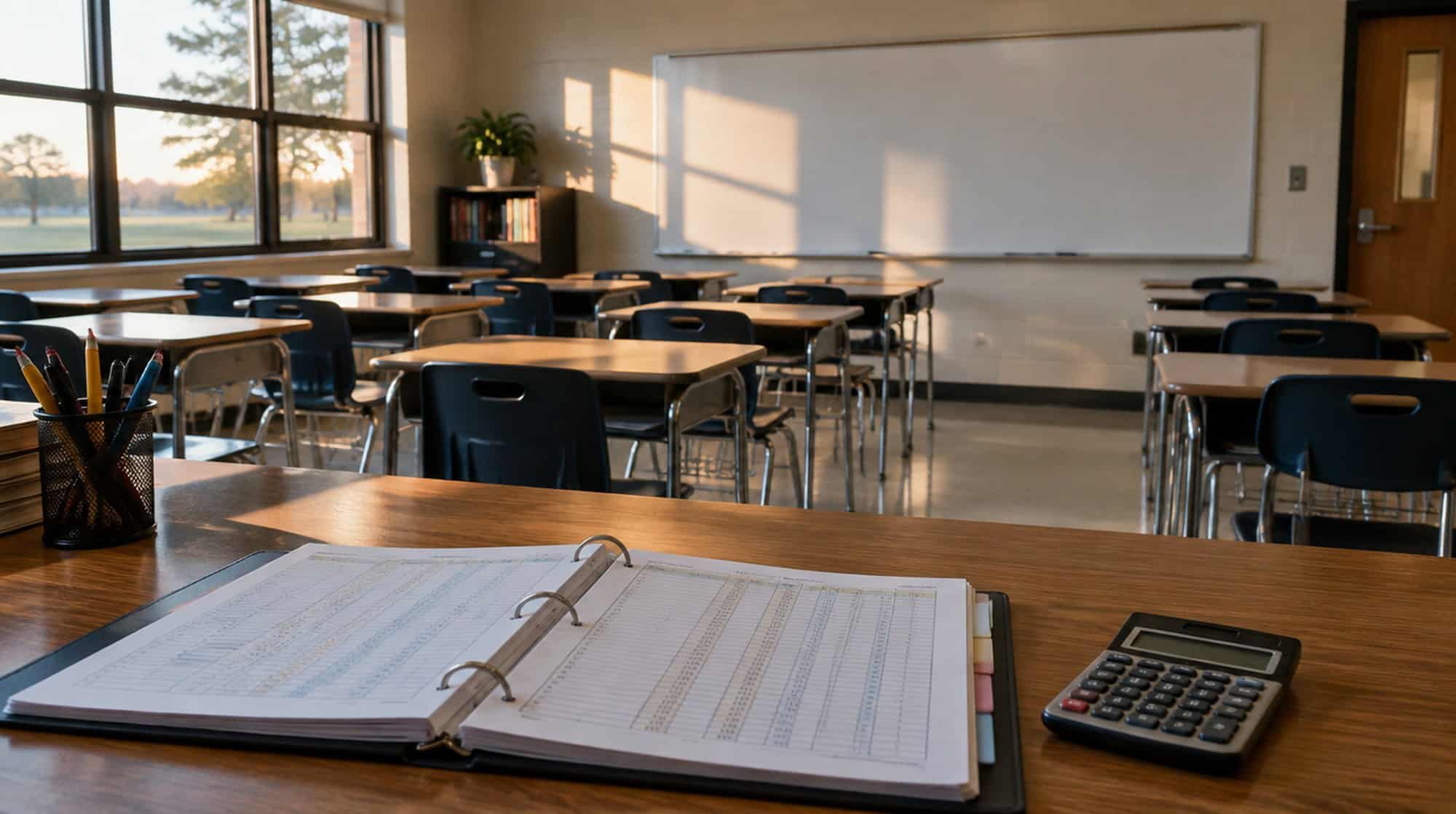 An empty classroom in late afternoon light with an open budget binder and a calculator on the teacher's desk.