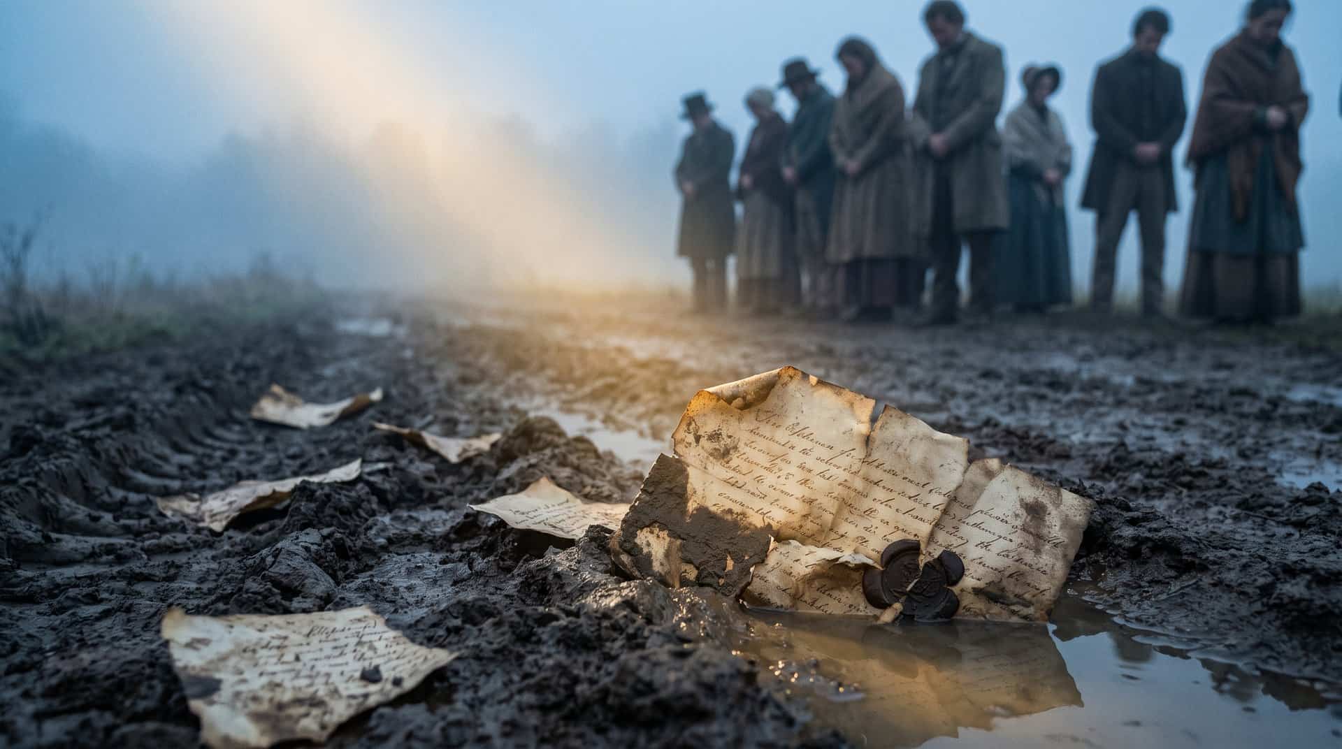 Torn pages of a constitution lie trampled into the mud under cavalry tracks while townspeople stand by with heads bowed.